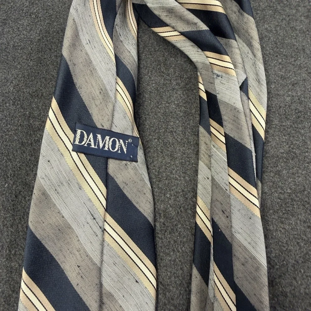 Vtg Damon Silk Blend Tie Mens Striped Raw Slub Texture Grey Navy Yellow 70s 80s